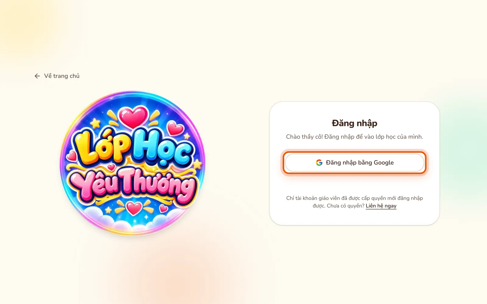 Trang Đăng nhập với nút Đăng nhập bằng Google được khoanh và dòng Liên hệ ngay bên dưới.