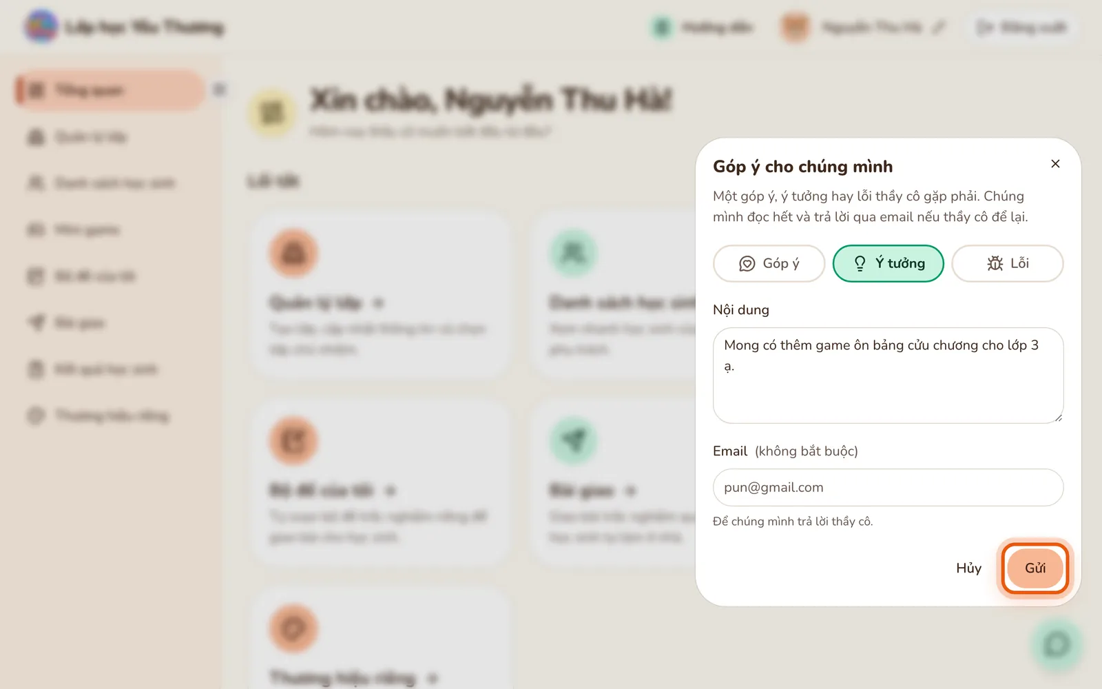 Hộp Góp ý cho chúng mình: đã chọn Ý tưởng, ô Nội dung đã có một đề nghị và nút Gửi được khoanh.