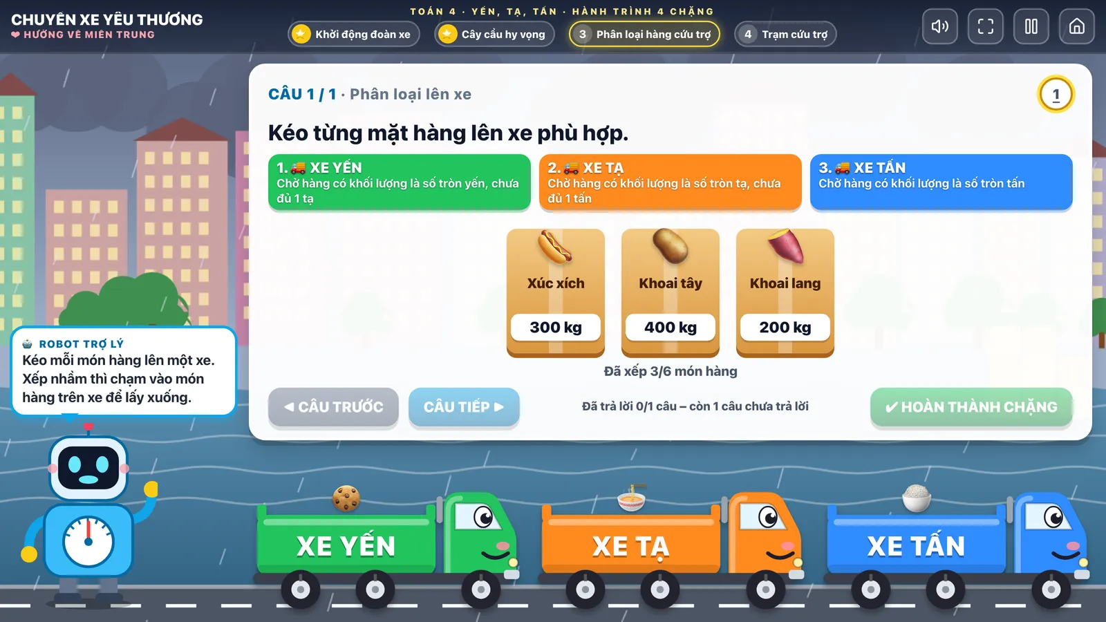 Chặng 3 Phân loại hàng cứu trợ: ba xe XE YẾN, XE TẠ, XE TẤN có mô tả, các món hàng Khoai tây 400 kg, Xúc xích 300 kg, Khoai lang 200 kg chờ xếp, dòng Đã xếp 3/6 món hàng, nút HOÀN THÀNH CHẶNG ở góc phải.