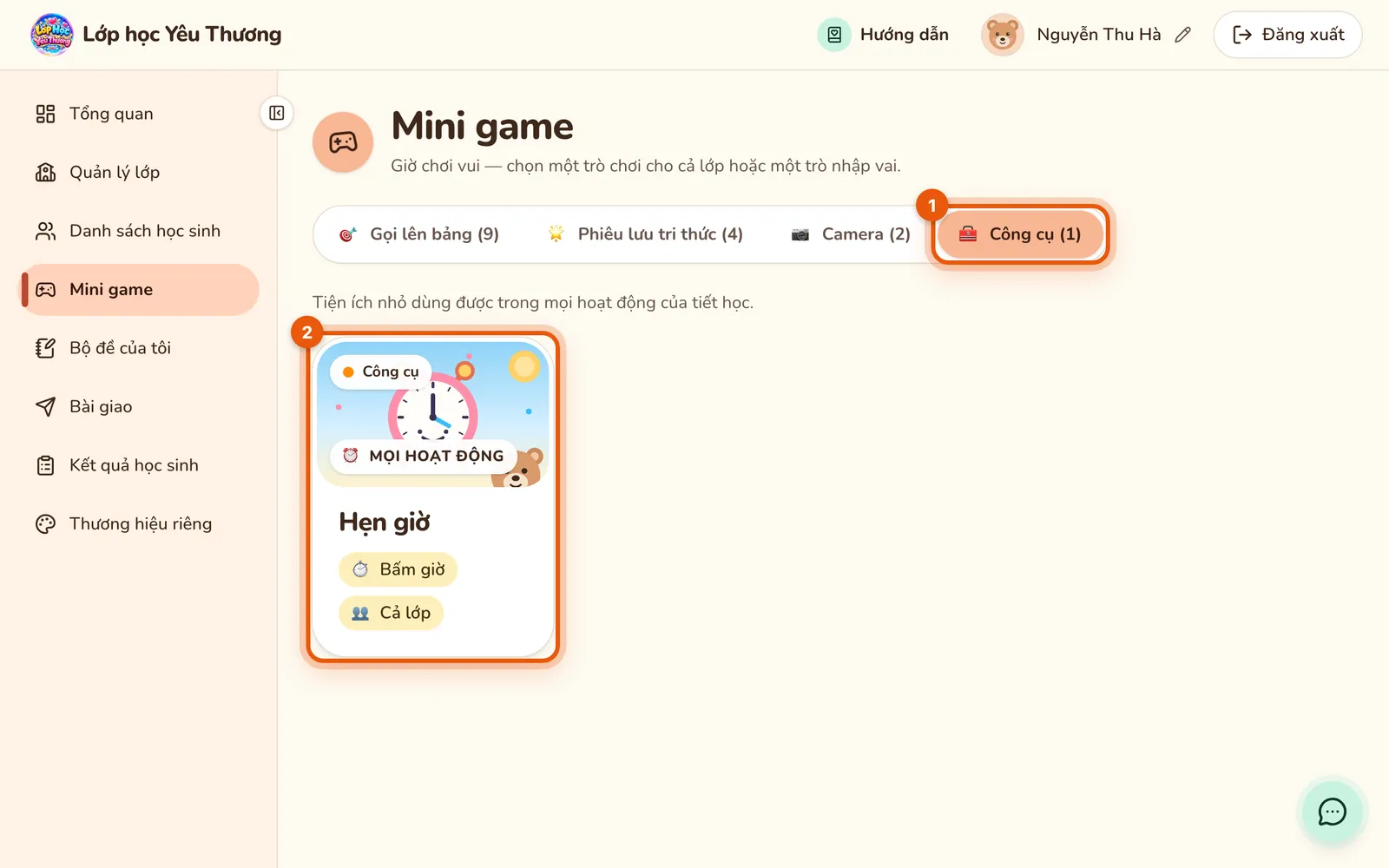 Trang Mini game ở thẻ Công cụ (1): thẻ Công cụ và thẻ game Hẹn giờ có số thứ tự.