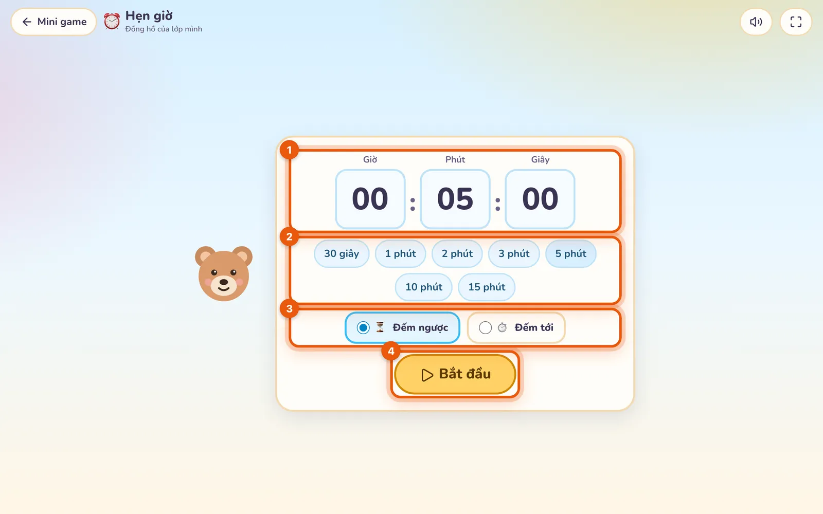 Màn đặt giờ của Hẹn giờ: ba ô Giờ, Phút, Giây đang là 00:05:00, các nút chọn nhanh từ 30 giây tới 15 phút, hai lựa chọn Đếm ngược và Đếm tới, nút Bắt đầu; mỗi phần có số thứ tự.