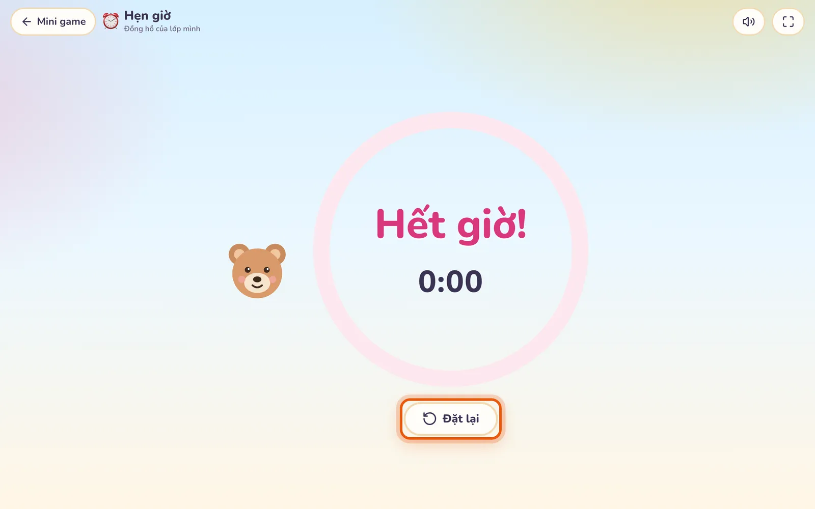 Hẹn giờ đã hết giờ: chữ Hết giờ! và 0:00 trong vòng tròn, nút Đặt lại được khoanh.