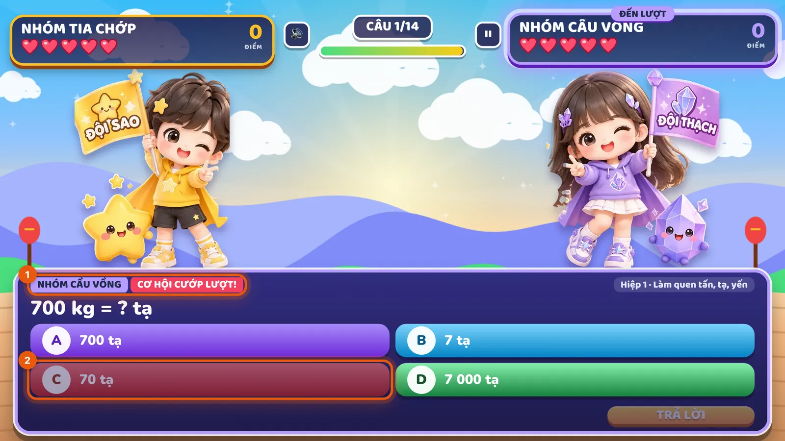 Một câu hỏi của Đại Chiến Trí Tuệ ở lượt cướp lượt: thanh trên có tim, điểm của hai đội và thời gian còn lại. Số 1 khoanh tên đội kèm CƠ HỘI CƯỚP LƯỢT!, số 2 khoanh đáp án đội bạn đã chọn, đã bị khóa.