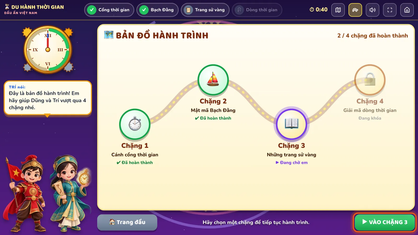 BẢN ĐỒ HÀNH TRÌNH: Chặng 1 Cánh cổng thời gian và Chặng 2 Mật mã Bạch Đằng đã hoàn thành, Chặng 3 Những trang sử vàng đang chờ em, Chặng 4 đang khóa. Nút VÀO CHẶNG 3 ở góc phải được khoanh.