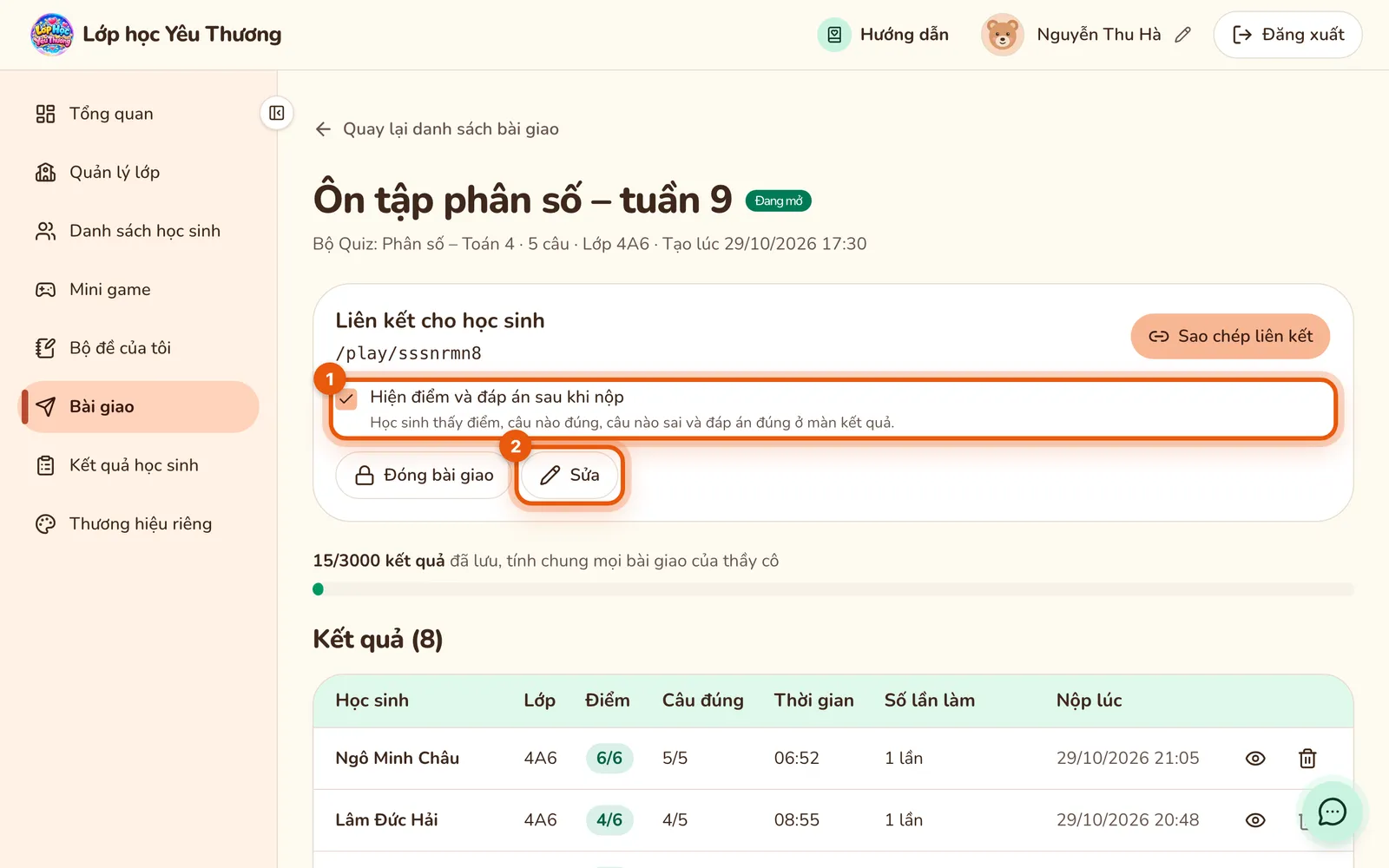 Trang bài giao Ôn tập phân số – tuần 9: liên kết cho học sinh, ô Hiện điểm và đáp án và nút Sửa được đánh số, bên dưới là bảng 8 kết quả.