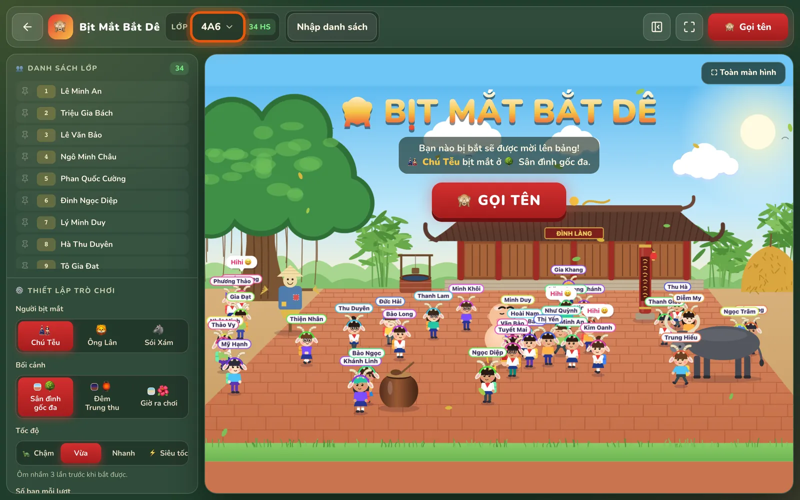 Trang game Bịt Mắt Bắt Dê: ô Lớp đang chọn lớp 4A6 (34 HS) được khoanh. Bên trái là danh sách lớp và thiết lập trò chơi, bên phải là sân chơi với nút GỌI TÊN.