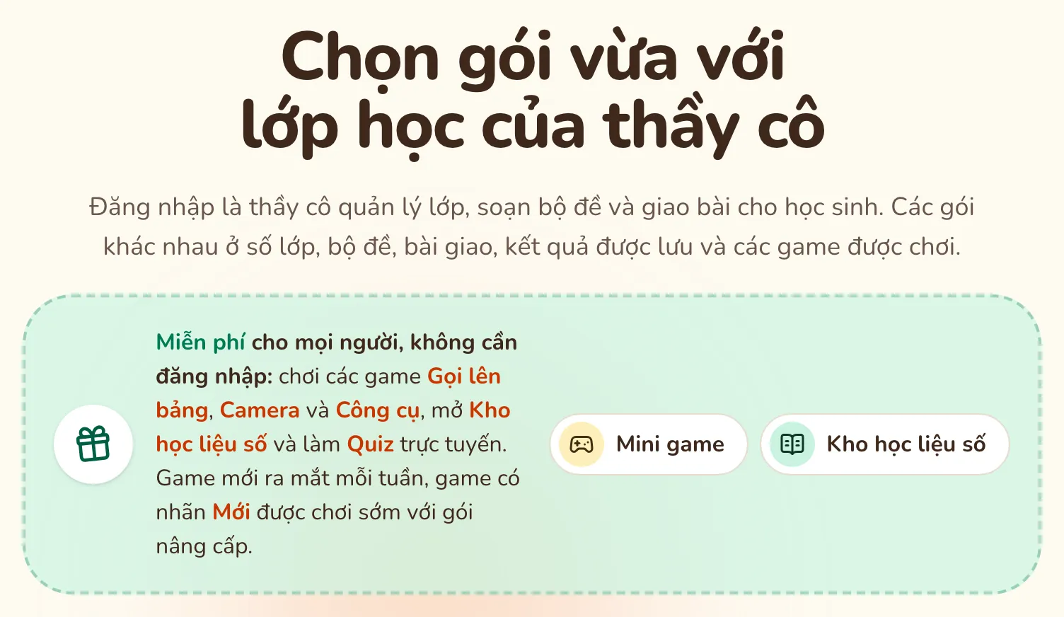 Đầu trang Bảng giá: khung Miễn phí cho mọi người, không cần đăng nhập, kèm hai nút Mini game và Kho học liệu số.