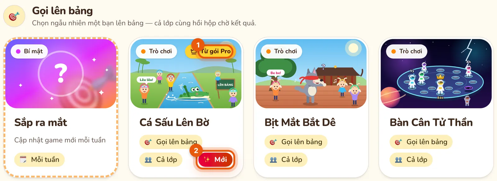 Hàng thẻ game Gọi lên bảng: thẻ game mới có nhãn Từ gói Pro (số 1) và nhãn Mới (số 2) được khoanh, các thẻ khác không có nhãn.