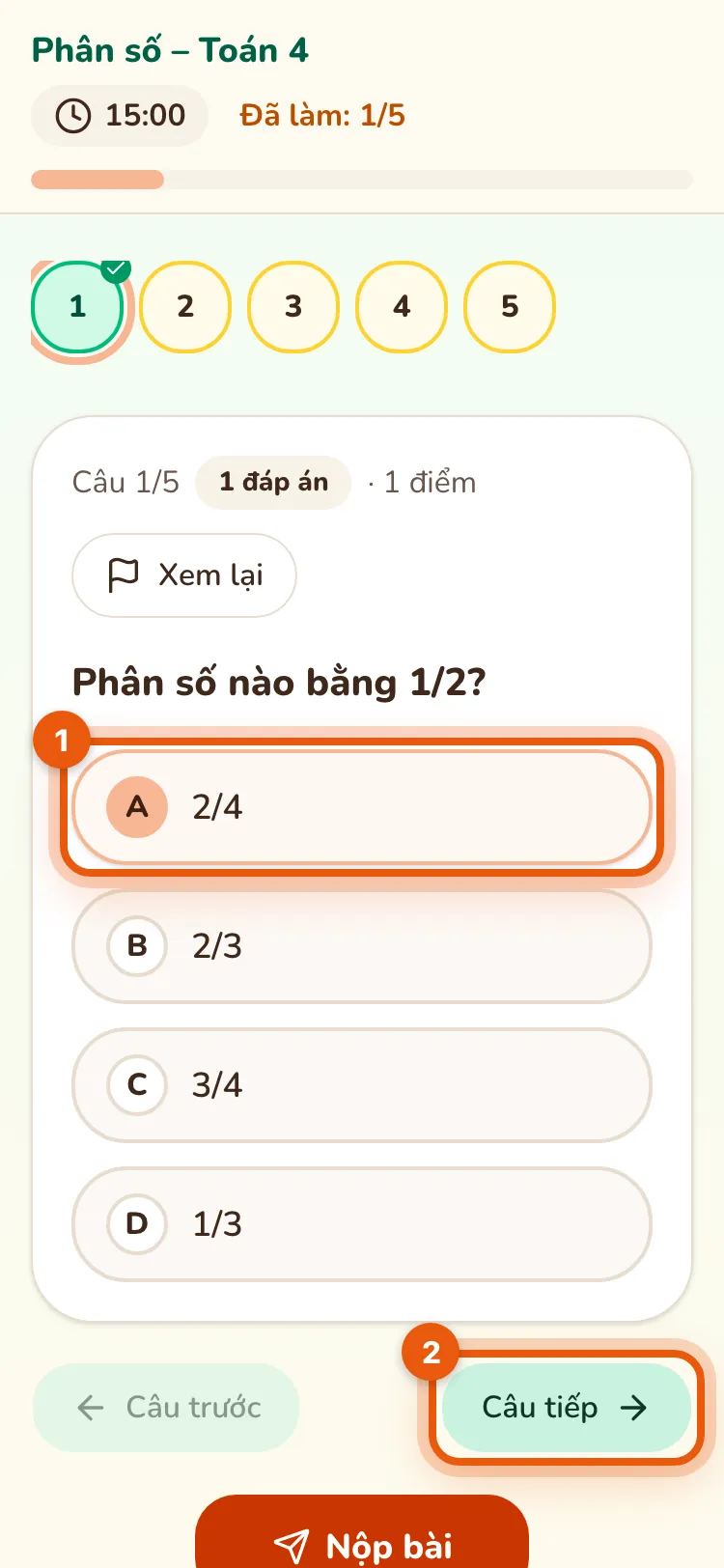 Câu 1 trên điện thoại: đáp án A được chọn và nút Câu tiếp được đánh số; trên cùng là đồng hồ và các ô số câu.