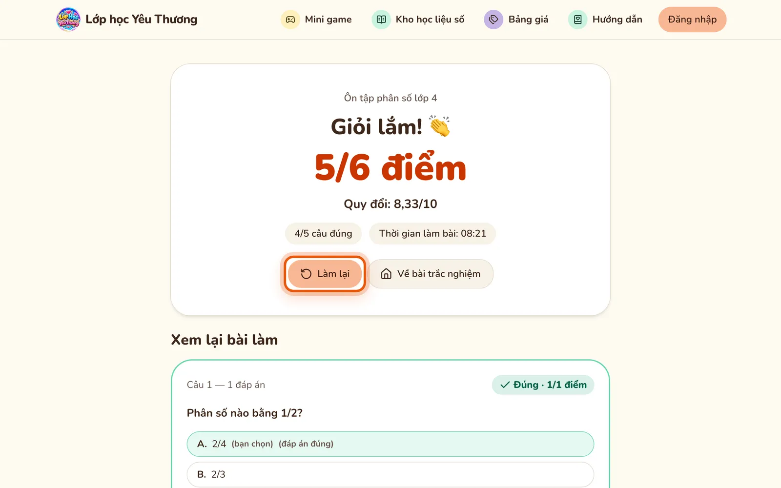 Kết quả bài Ôn tập phân số lớp 4: Giỏi lắm, 5/6 điểm, quy đổi 8,33/10, 4/5 câu đúng; nút Làm lại được khoanh và phần Xem lại bài làm bên dưới.