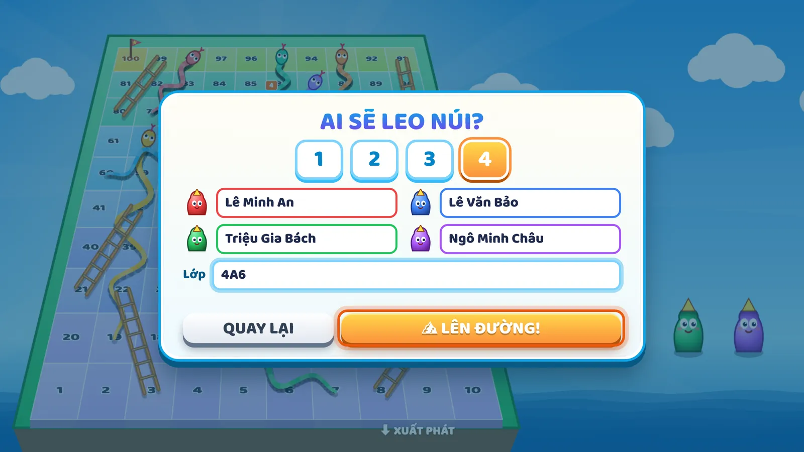Màn AI SẼ LEO NÚI? của Leo Đỉnh Núi Toán: chọn 4 bạn, họ tên của bốn bạn cạnh quân cờ đỏ, xanh dương, xanh lá, tím, ô Lớp 4A6 và nút LÊN ĐƯỜNG! được khoanh.