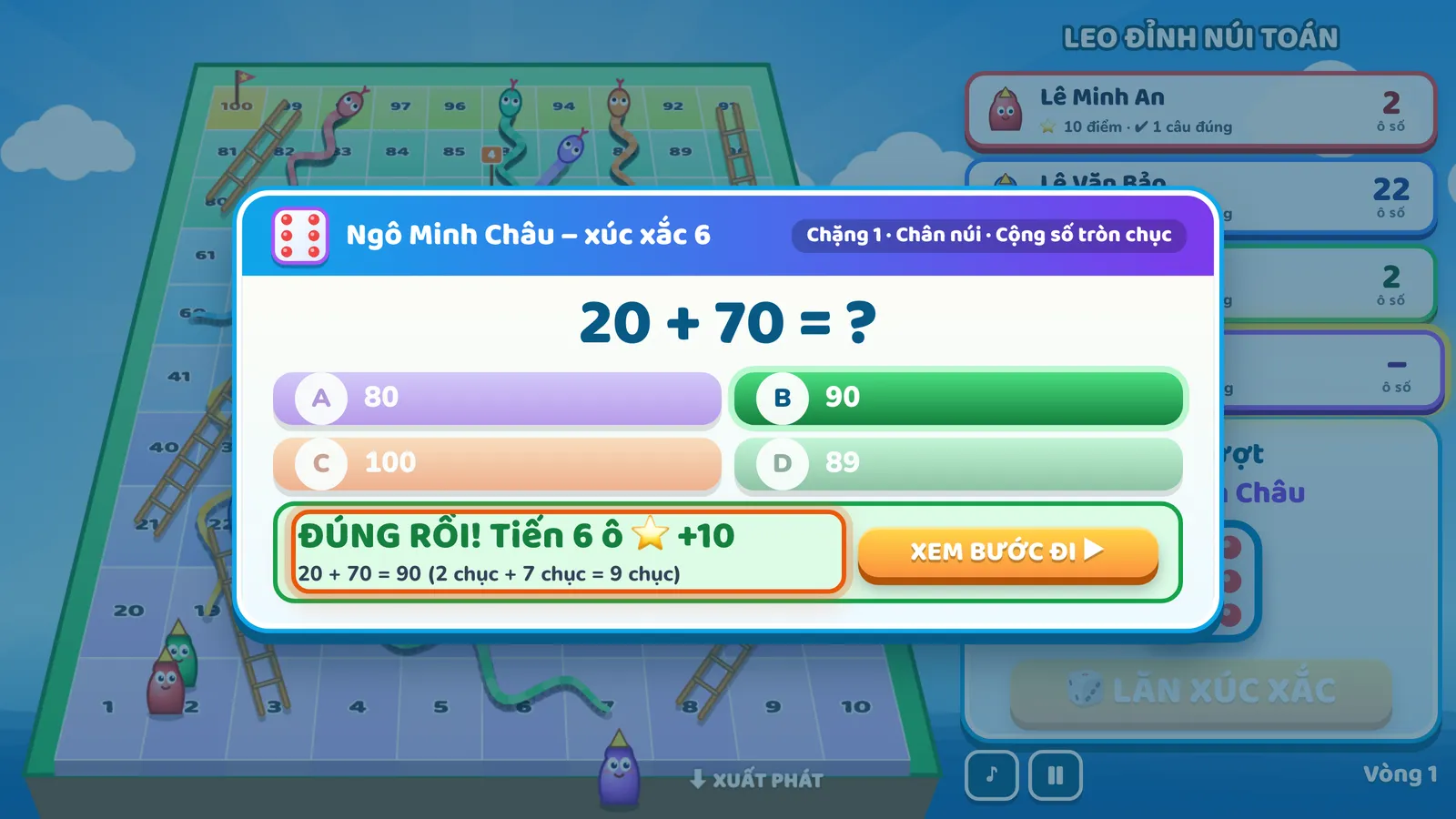 Câu hỏi của một lượt trên bàn cờ Leo Đỉnh Núi Toán: mặt xúc xắc, tên bạn đang chơi, Chặng 1 và phép cộng. Đáp án đúng tô xanh; ô được khoanh ghi ĐÚNG RỒI! Tiến mấy ô ⭐ +10 và lời giải thích, bên cạnh là nút XEM BƯỚC ĐI.
