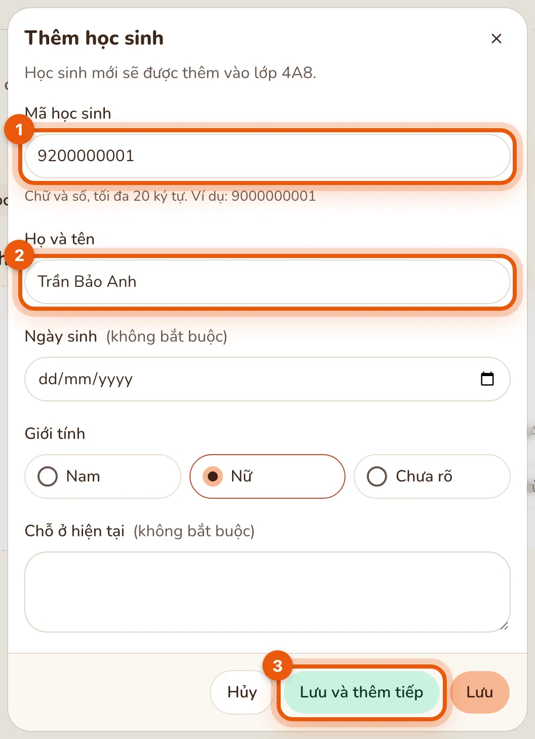 Hộp thoại Thêm học sinh: mã 9200000001, họ tên Trần Bảo Anh, giới tính Nữ và nút Lưu và thêm tiếp được khoanh.