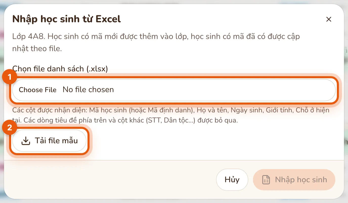 Hộp thoại Nhập học sinh từ Excel với ô Chọn file danh sách (.xlsx) và nút Tải file mẫu được khoanh.