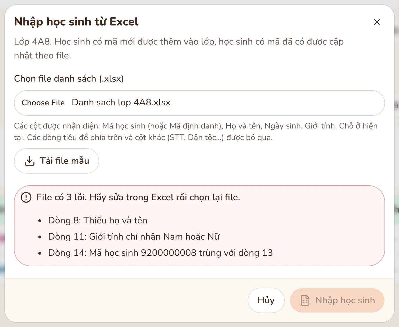 Hộp thoại nhập báo file có 3 lỗi, liệt kê từng dòng: thiếu họ và tên, giới tính chỉ nhận Nam hoặc Nữ, mã học sinh trùng.
