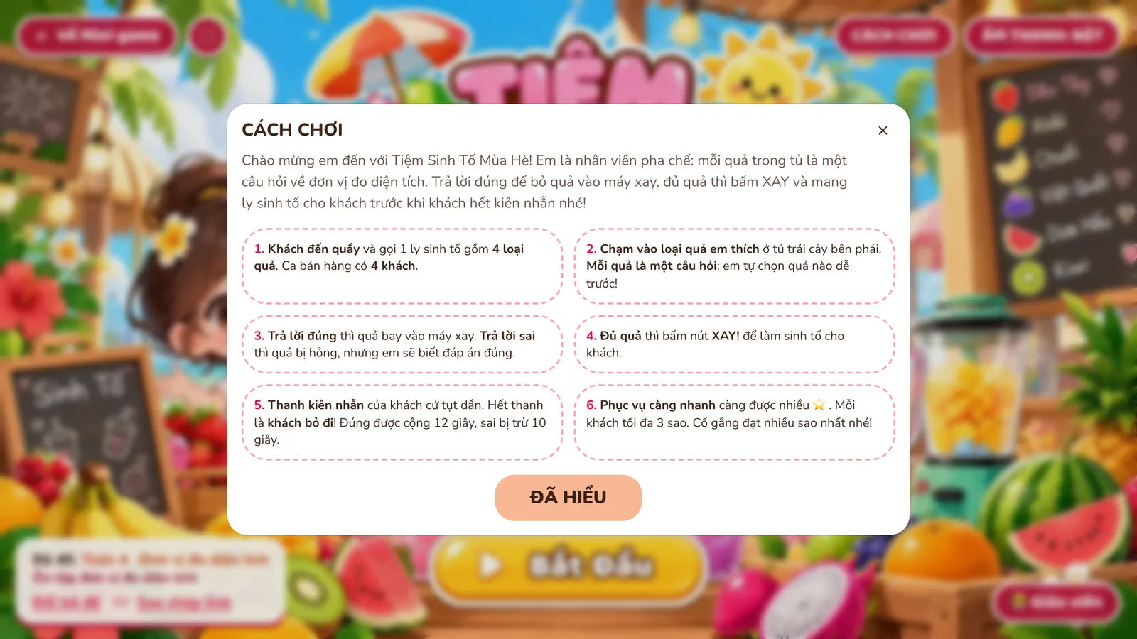 Hộp thoại CÁCH CHƠI trên màn mở đầu Tiệm Sinh Tố: lời giới thiệu và sáu bước luật chơi, từ khách đến quầy gọi 1 ly sinh tố gồm 4 loại quả (ca bán hàng có 4 khách) đến mỗi khách tối đa 3 sao, cùng nút ĐÃ HIỂU.