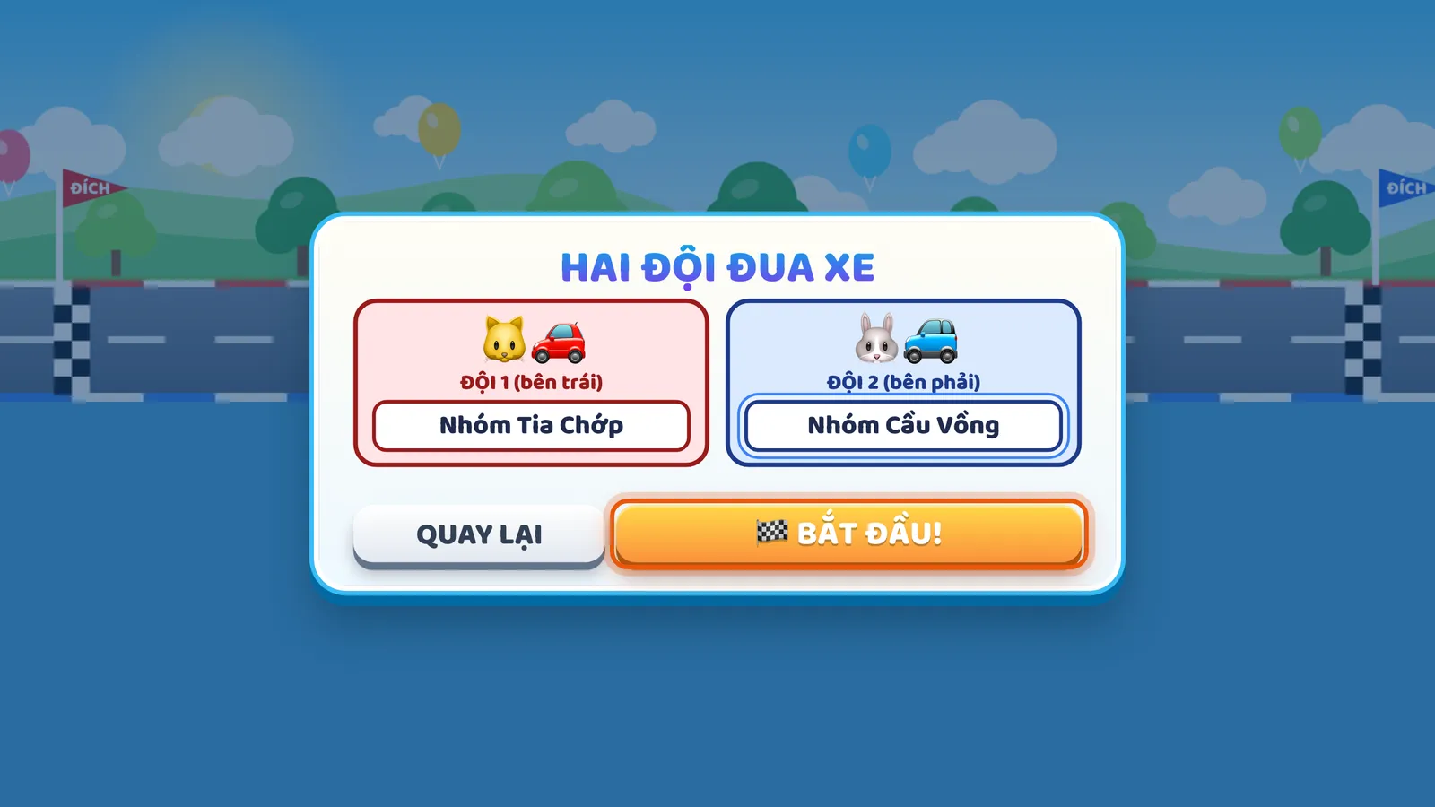 Màn HAI ĐỘI ĐUA XE của Vua Tốc Độ: ô ĐỘI 1 (bên trái) và ĐỘI 2 (bên phải) đã điền tên hai đội của lớp 4A6, nút BẮT ĐẦU! được khoanh.